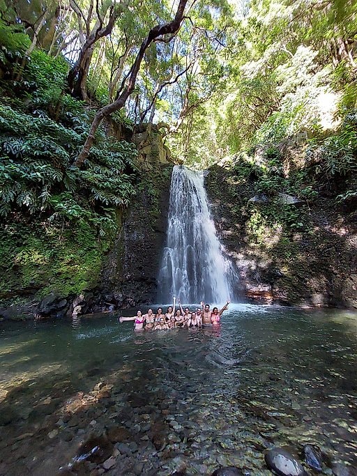 Group of visitors swimming and posing in a forest pool beneath a cascading waterfall